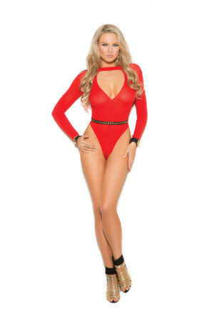 EM1275 long sleeve opaque teddy lingerie with deep V neckline, bold and alluring design