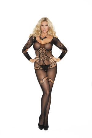Black long sleeve crochet bodystocking with floral design and open crotch detail.