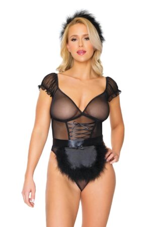 Black teddy lingerie with matching apron and headpiece, playful maid-inspired costume set