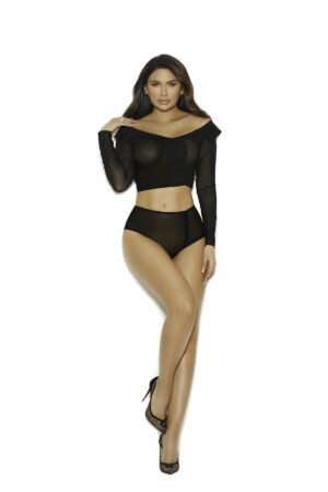 Off-shoulder sheer mesh lingerie top with matching ruched back panty, seductive two-piece set