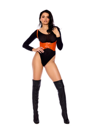 Leather harness with adjustable buckle straps and front velcro buckle closure, bold and edgy fetish accessory.