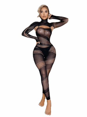 Hooded sheer bodystocking romper with long sleeves