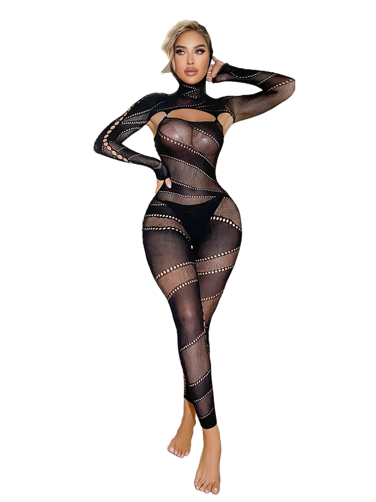 Hooded sheer bodystocking romper with long sleeves