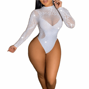 Mesh bodysuit with rhinestone accents
