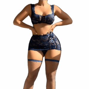 Sheer lace skirt lingerie set with mesh stockings