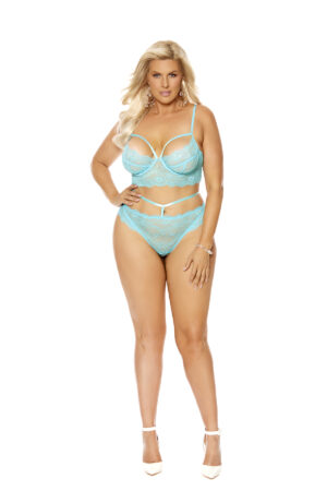 EM30064X aqua eyelash lace cami set with underwire cups and strappy waist detail with matching lace panty